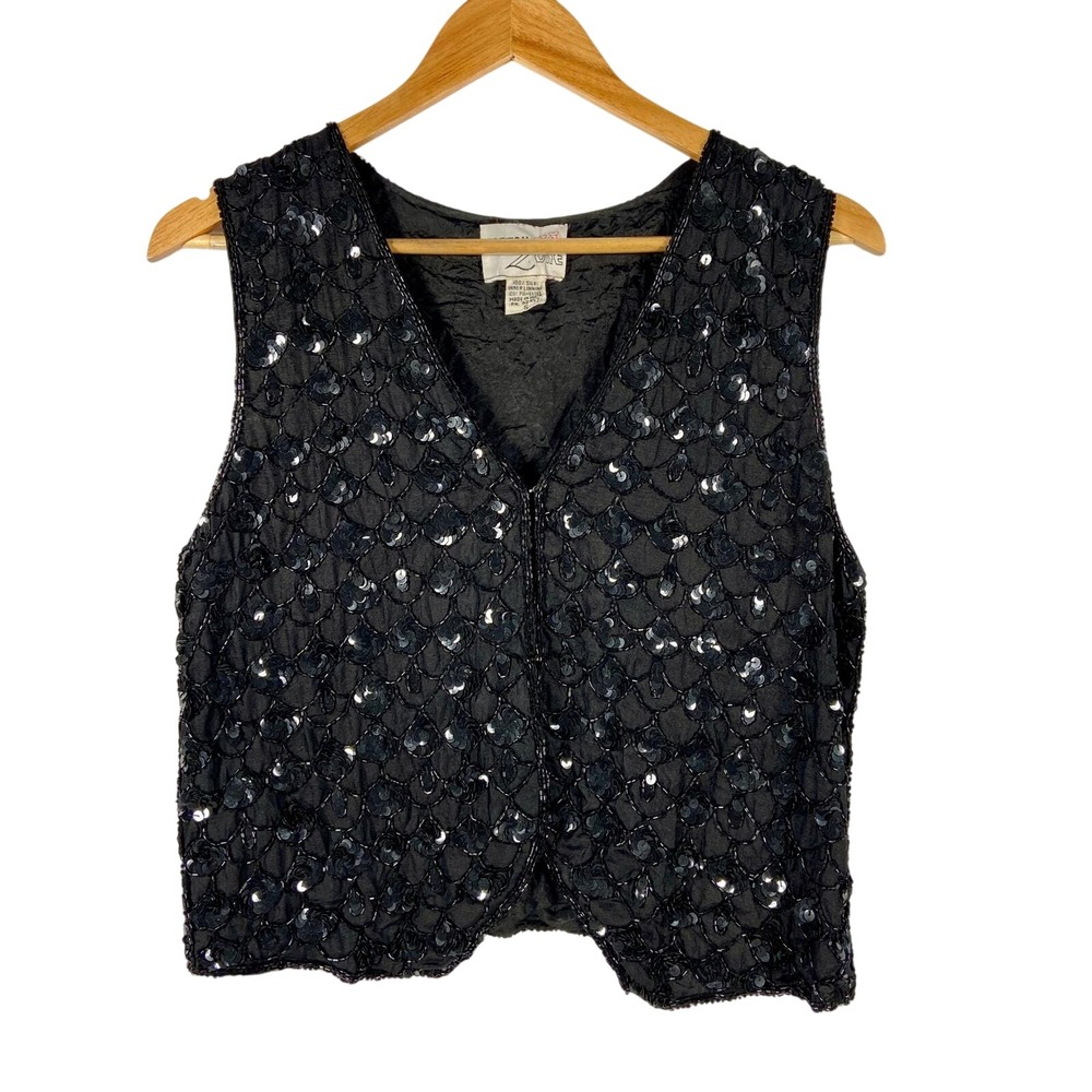 Vintage Cotton Zone Black Silk Beaded Vest Top Womens Small
